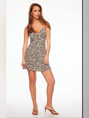 Dynamite Brown White Floral Print Vneck Slip Mini Dress Casual Summer Size L